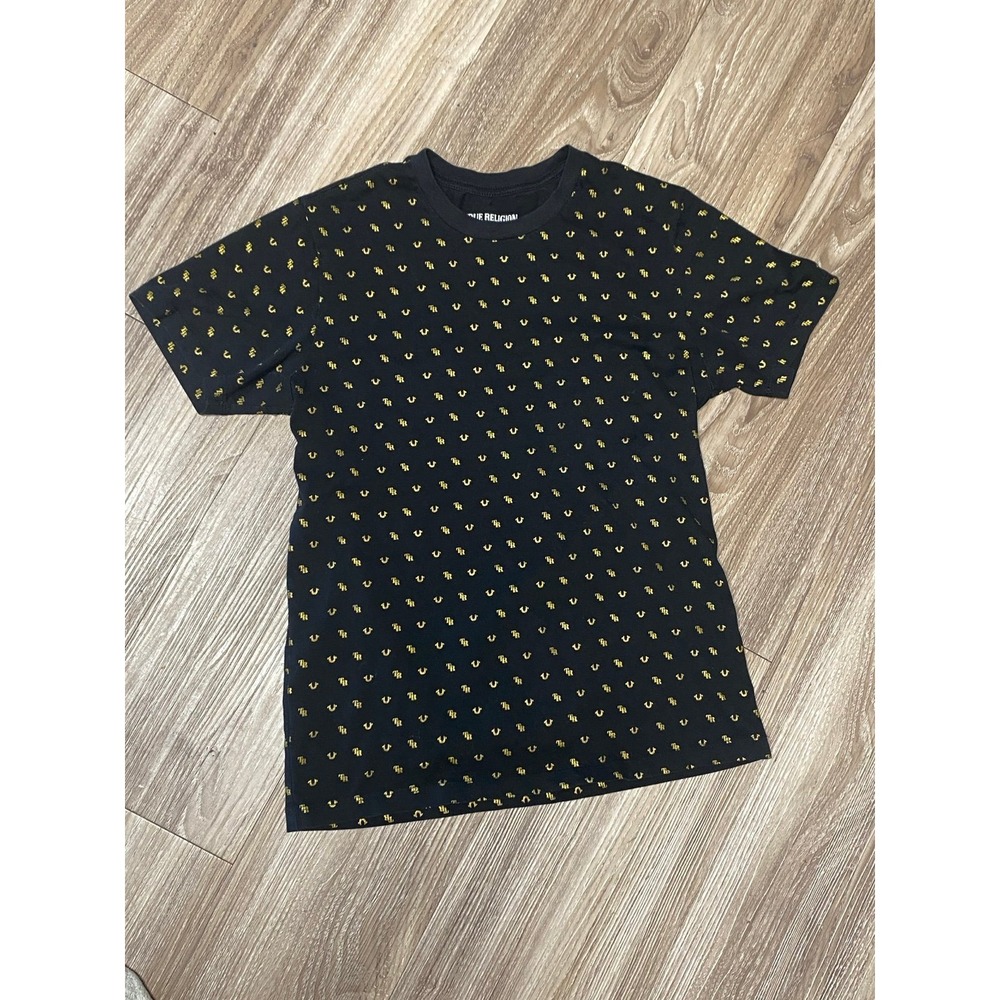 True Religion Black All-Over Print Horseshoe Logo T-Shirt XS Gold Tee